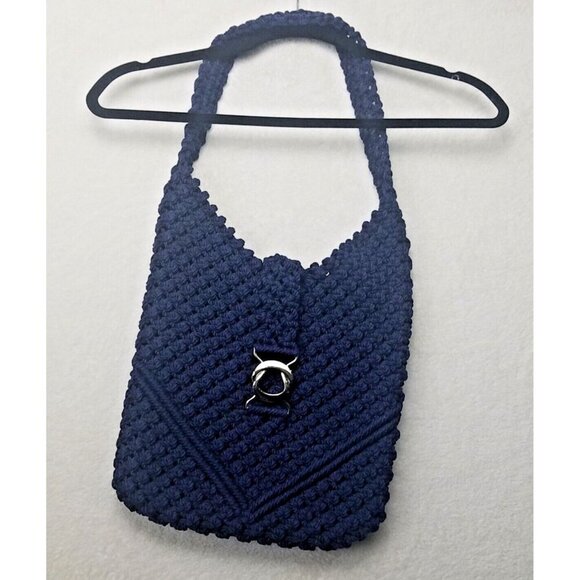 Hobo Handbags - Purse Hobo shoulder Crochet Woven Navy large macramé knotted metal buckle close